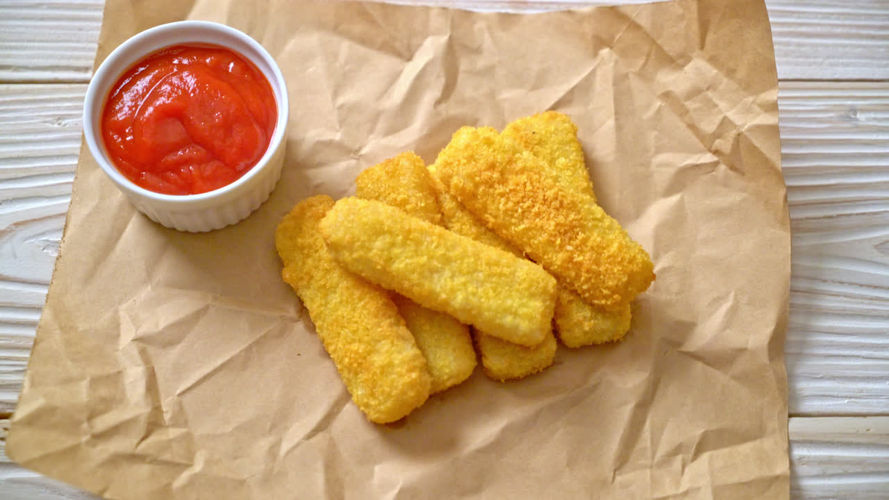 palitos de pescado fritos crujientes con ketchup