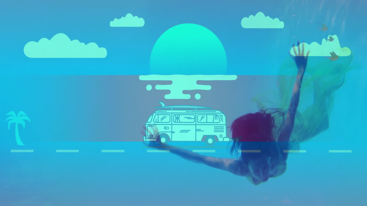 Swimming underwater, surfer with animation of van and sun in background
