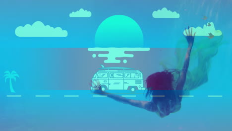 swimming underwater, surfer with animation of van and sun in background