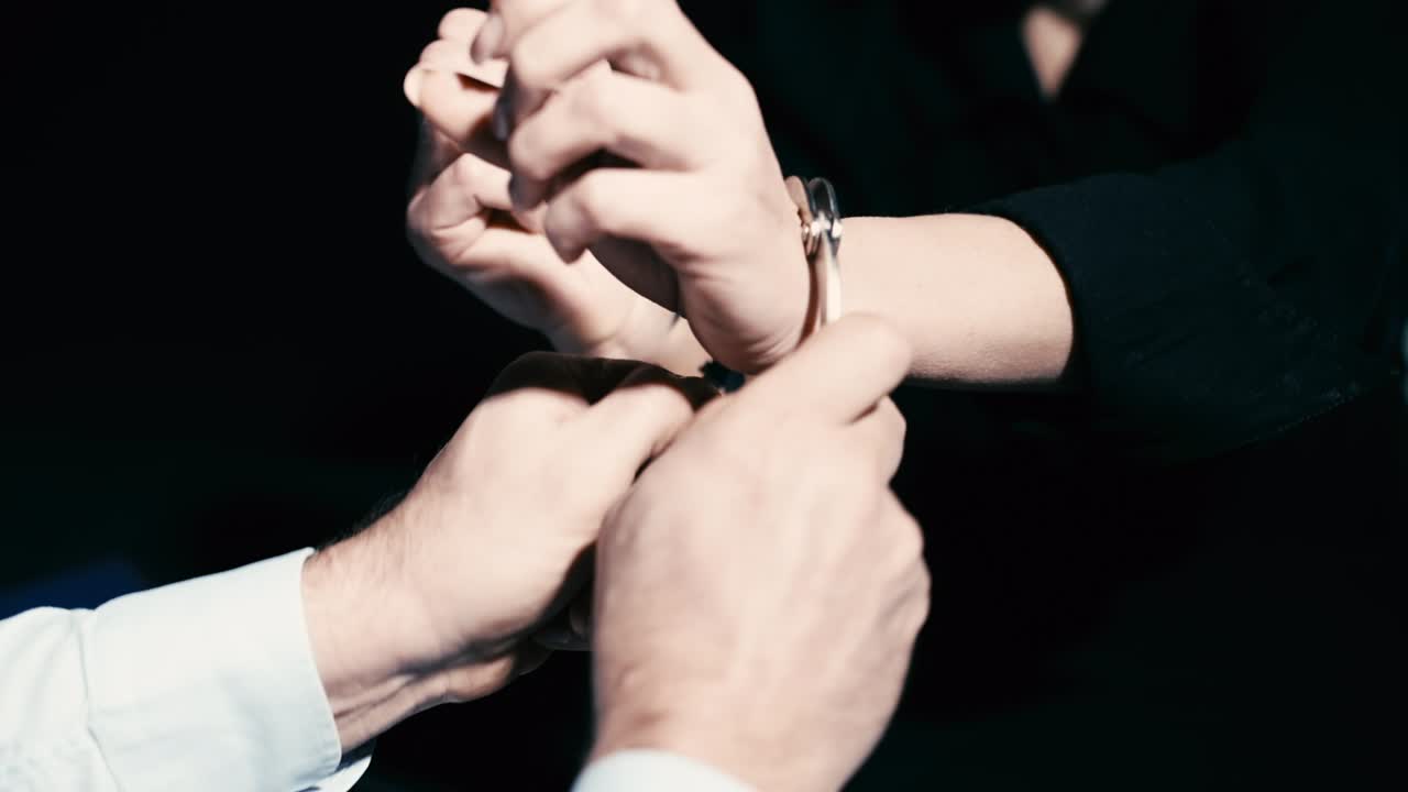 경찰이 체포된 여성의 수갑을 벗고, 혐의가 철회되고, 자유