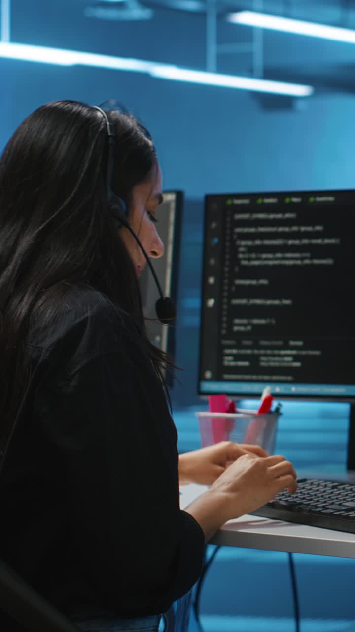 Young Indian Woman Wearing Headset Working on Computer in Tech Office