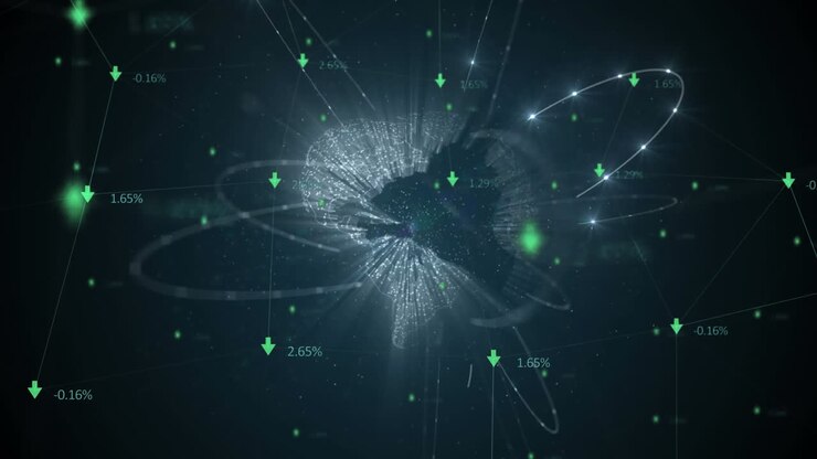 Digital composite video of web of connections with numbers floating over a spinning globe