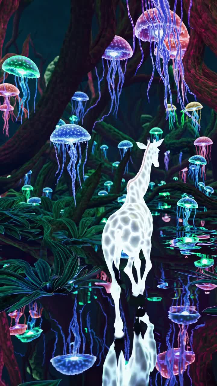 A surreal video concept with a glowing giraffe and jellyfish in a neon-lit forest
