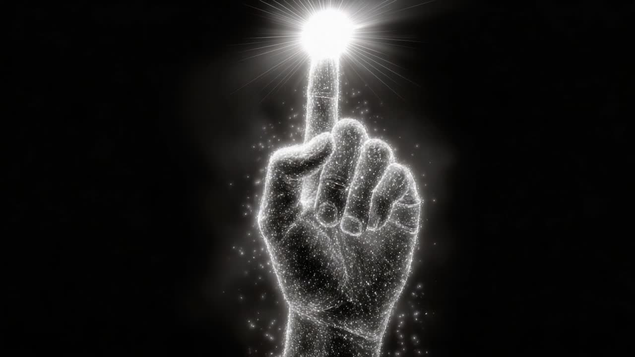 Un gesto de mano luminoso que emite energía radiante, simbolizando inspiración, creatividad e iluminación, ambientado sobre un fondo oscuro para un impactante contraste visual.