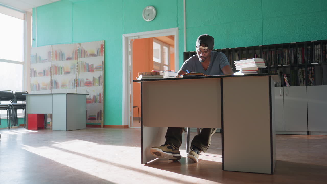 Un hombre está sentado en un escritorio en una biblioteca espaciosa y bien iluminada, rodeado de libros y materiales de estudio, concentrado intensamente en la lectura y en tomar apuntes mientras la cálida luz del sol proyecta largas sombras sobre el suelo pulido.