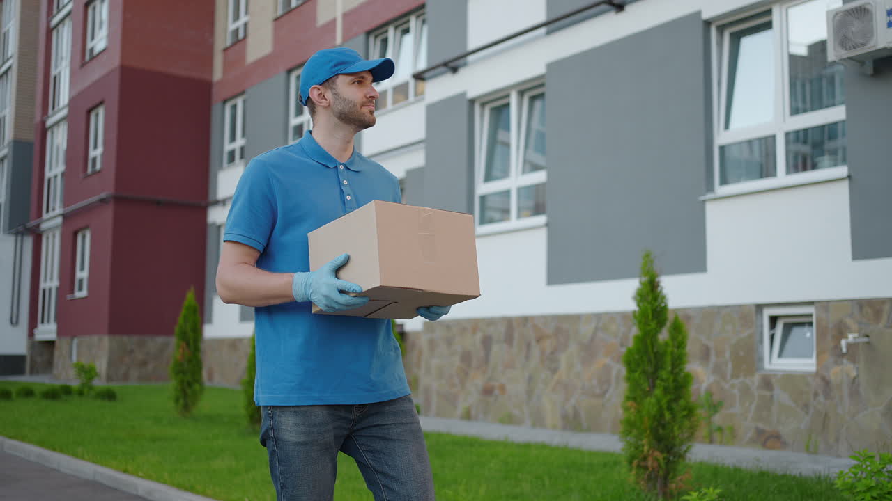 A delivery man in a blue T-shirt and cap carries a cardboard box in the city looking around in search of the deliveryman's address. Deliveryman goes with a box in slow motion