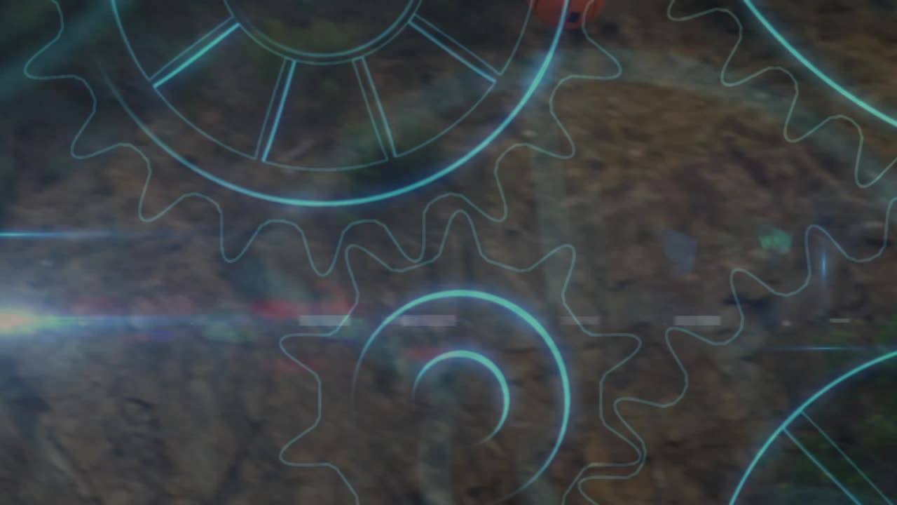 Shooter sizing up rim on outdoor court, releasing shot to score while cog HUD tracks basketball