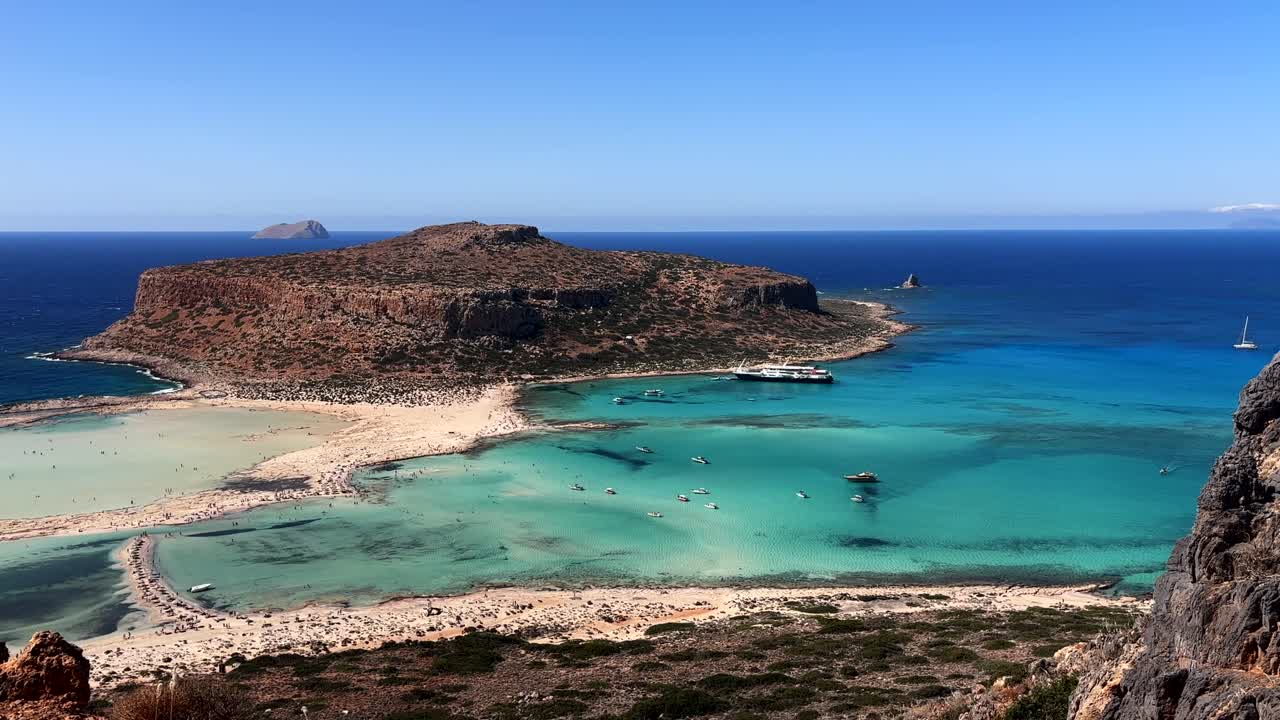 Aerial - stunning Balos Lagoon with turquoise waters on Crete island, Greece