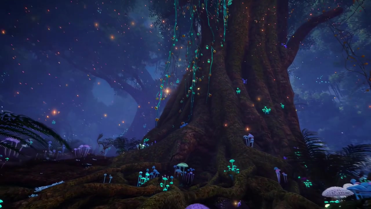 Foresta incantata con funghi luminosi e luci magiche di notte