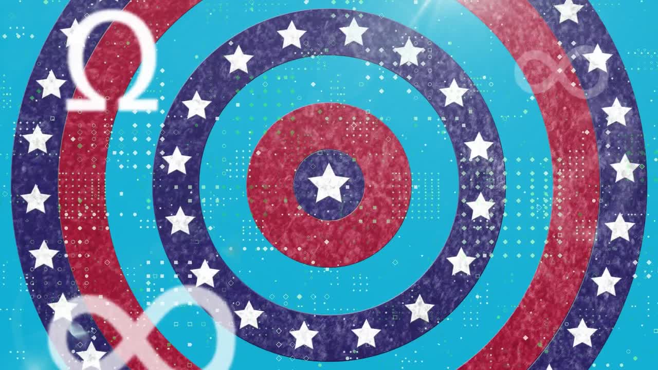 여러 가지 수학적 기호와 점 패턴은 파란색 배경에 회전하는 원에 있는 별과 비교됩니다.