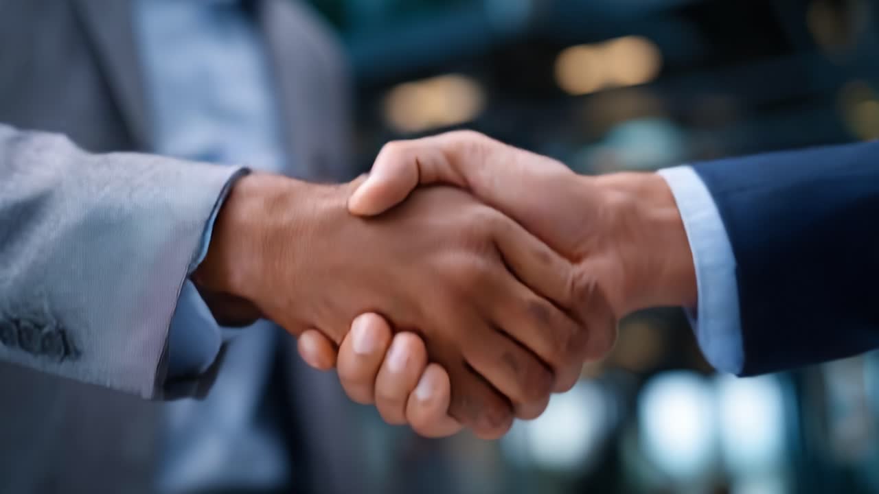 Due persone che si stringono la mano con decisione, a simboleggiare accordo e collaborazione in un ambiente professionale, dimostrando fiducia reciproca.