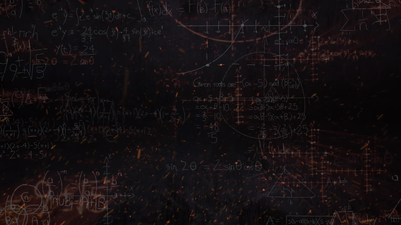 Animation of fire sparks over mathematical equations and diagrams against black background