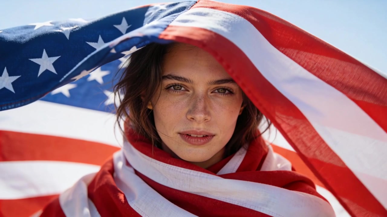 Bries tilt de vlag van de Verenigde Staten op, volwassen vrouw gewikkeld in de vlag onthult haar gezicht voor een portret.