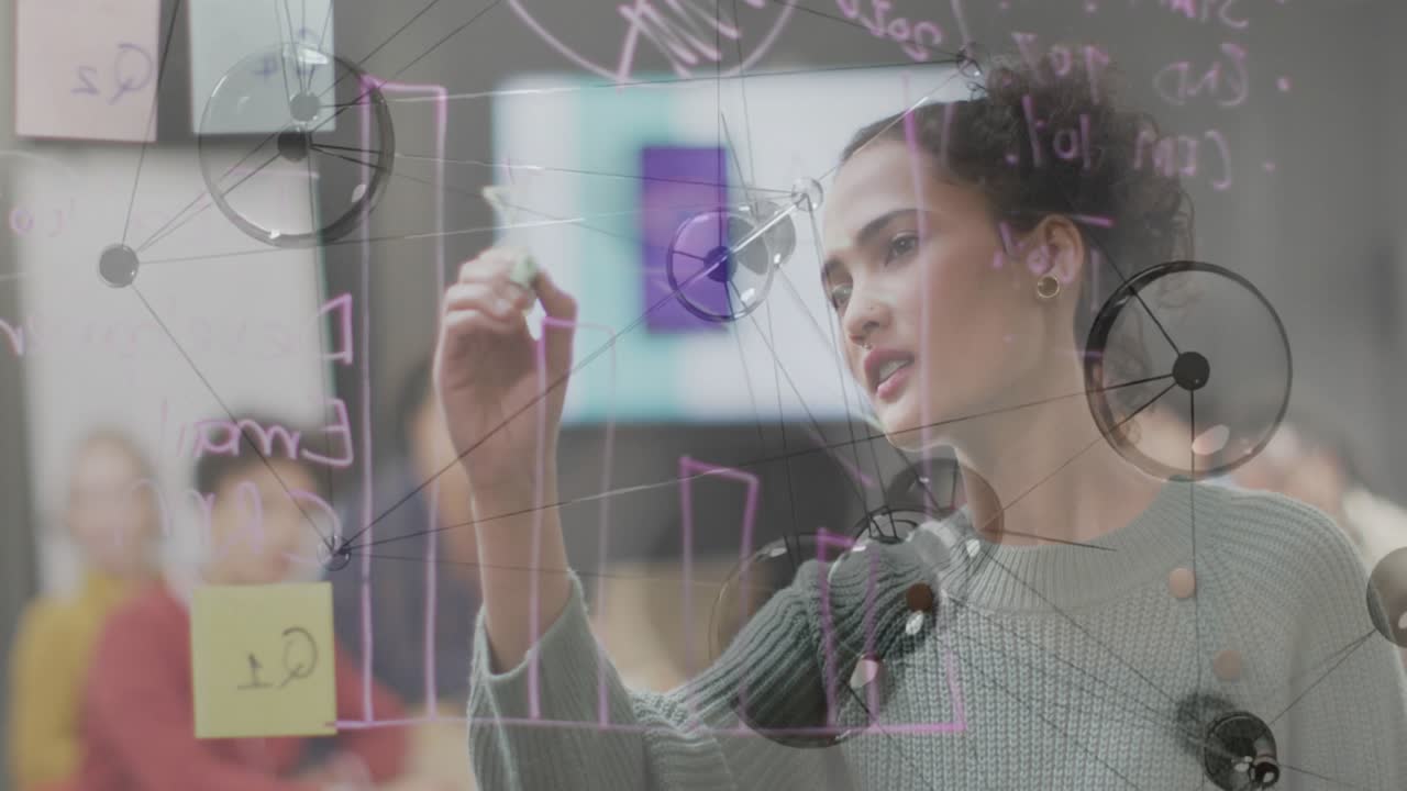 Woman grabbing marker and sketching network diagram on transparent board for business briefing