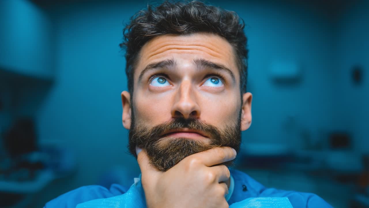 Um Homem Pensativo Contempla em um Consultório Odontológico, Expressando Sentimentos de Incerteza e Ansiedade Enquanto Espera por Sua Consulta em Meio a uma Atmosfera Calma, Mas Clínica