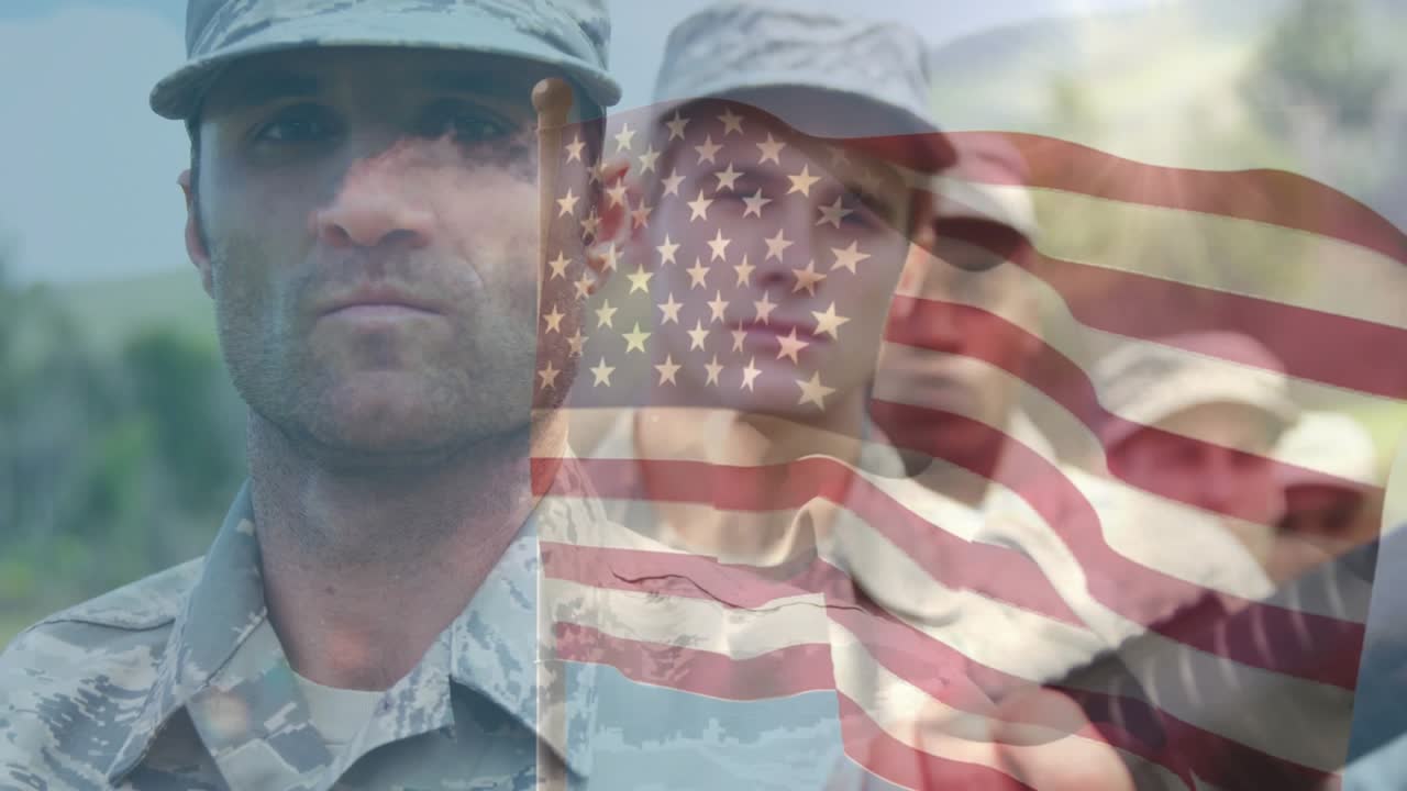 Soldiers standing at attention in military training, flag overlay appearing and waving across faces