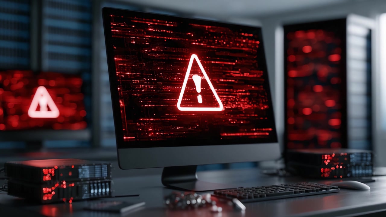 Warning Alert Displayed on Computer Screen in Dimly Lit Data Center, Highlighting Cybersecurity Concerns with Danger Icon and Red Glitch Effects for Visual Impact