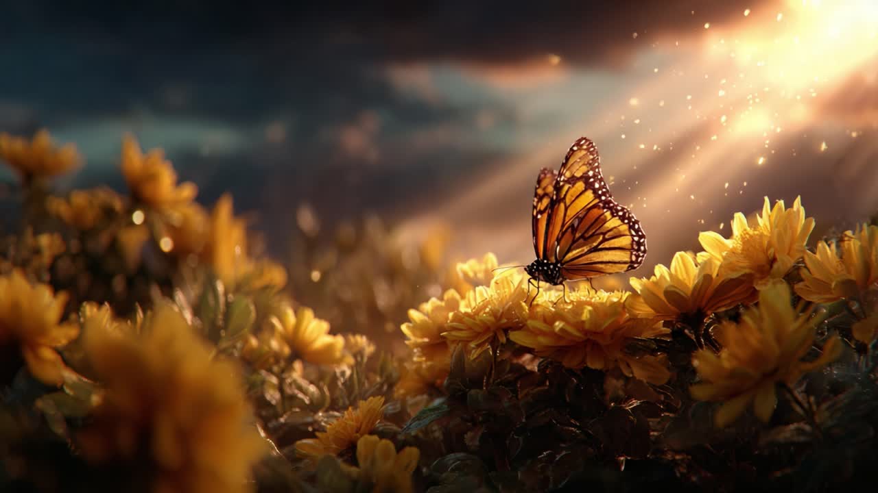 A beautiful monarch butterfly resting on vibrant yellow flowers, illuminated by golden sunlight, creating a serene and enchanting scene in nature's garden