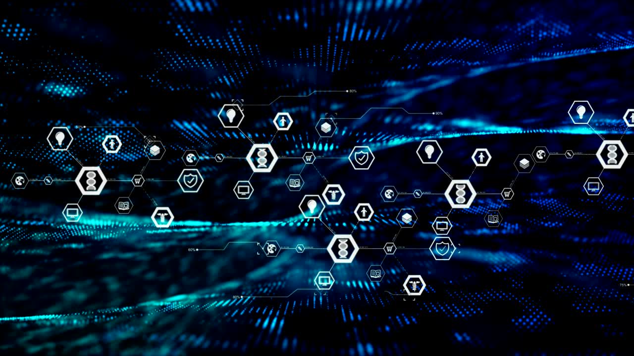 Abstract background icon on hexagon shape and particle moving on the dark for cyber futuristic concept with grain processed