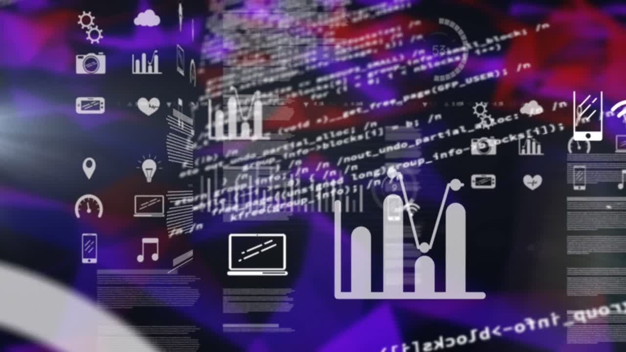 animación de procesamiento de datos e iconos de medios en fondo negro