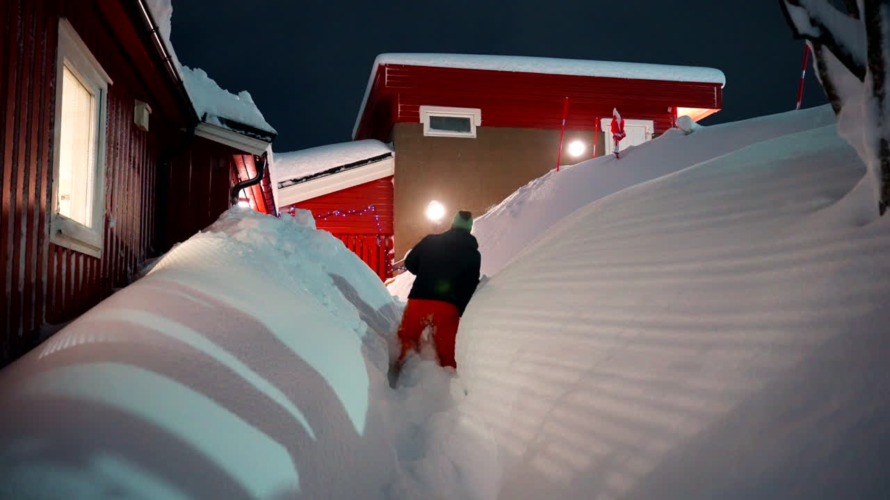 Heavy thick snowfall drifts, man trudging homeward, nighttime scenery