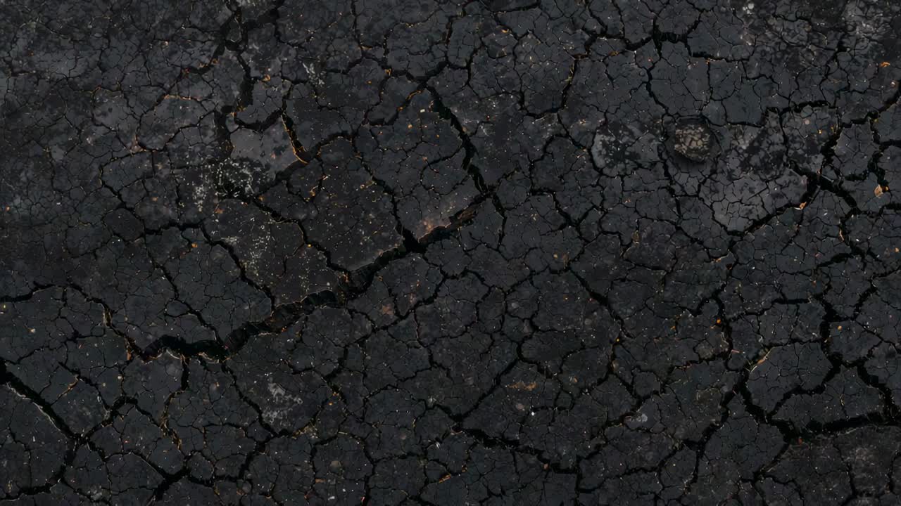 Stabilizing camera holding ground-level close-up of dark cracked surface, documenting fissures