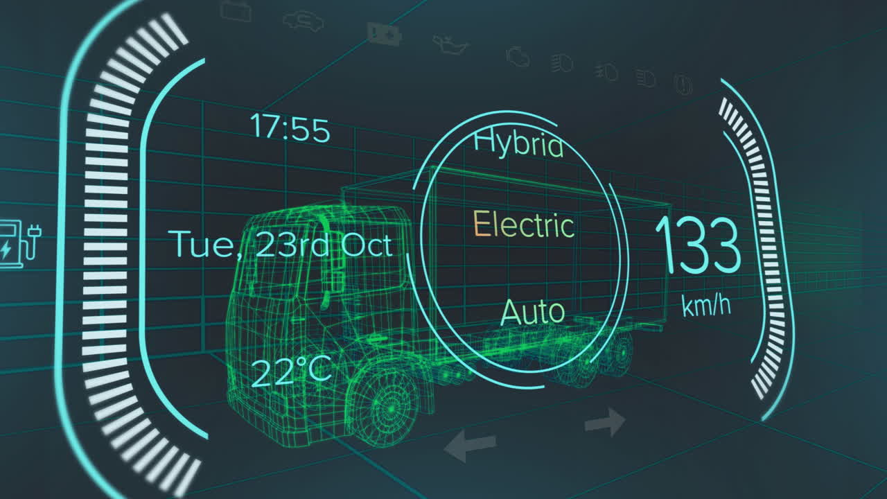 animación del velocímetro con números, textos sobre un modelo 3d de camión contra un fondo negro