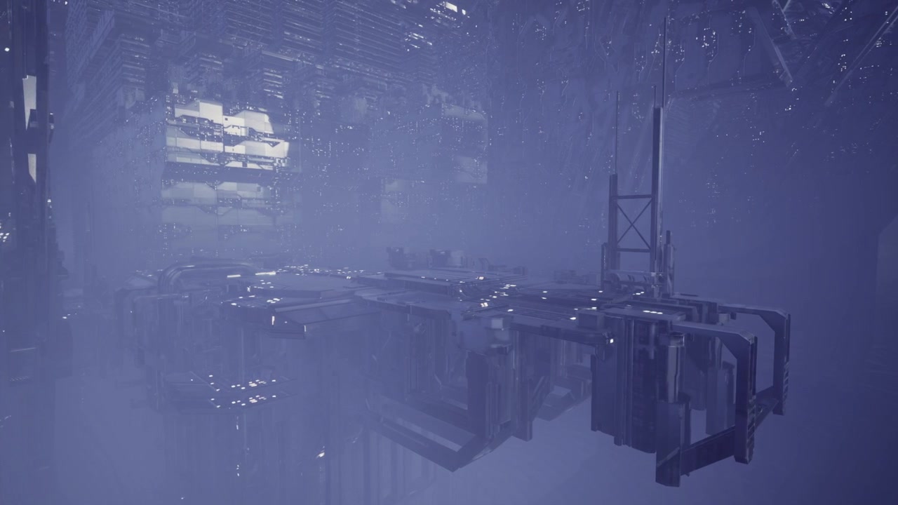 Silent docking area covered in spectral blue mist and shadows