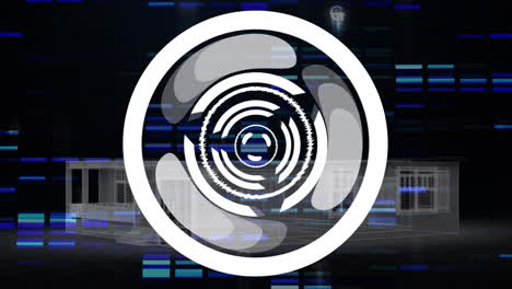 Animation of processing circle over house project on black background with blue lights