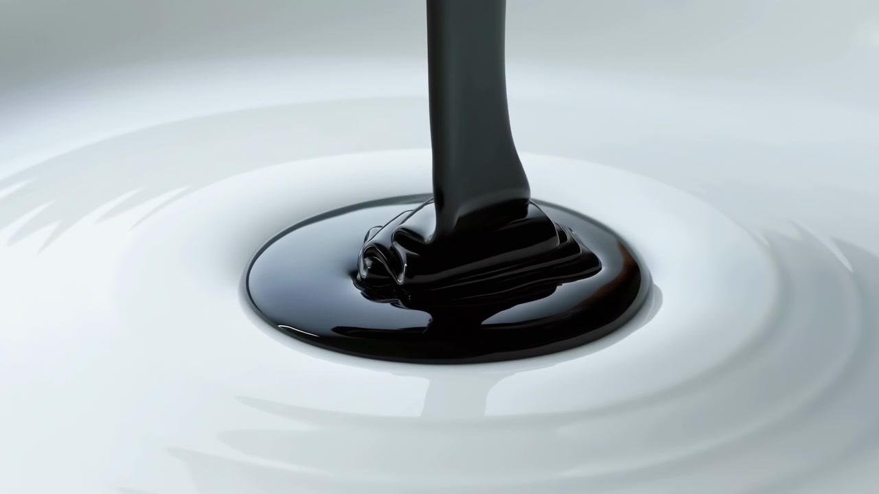Dark liquid continues streaming into smooth white liquid, building glossy central pool with layered ripples, subtle surface waves, bright contrast, calm minimal scene, elevated view