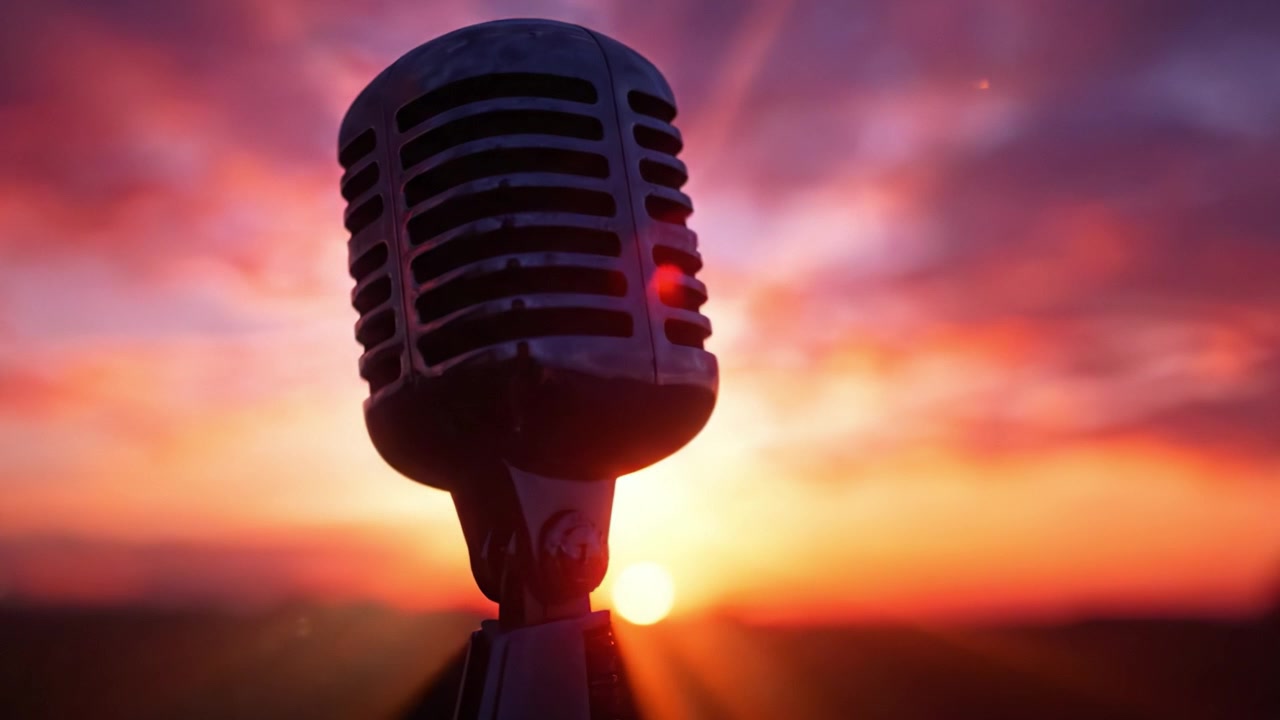 En mikrofon i vintage-stil i silhuet mod en fantastisk solnedgang, der fanger essensen af musik og inspiration i betagende udendørs omgivelser
