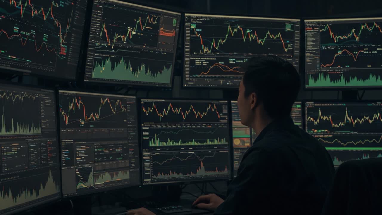 A Focused Trader Analyzing Market Data on Multiple High-Resolution Monitors Overseeing Complex Charts and Financial Indicators During Trading Session