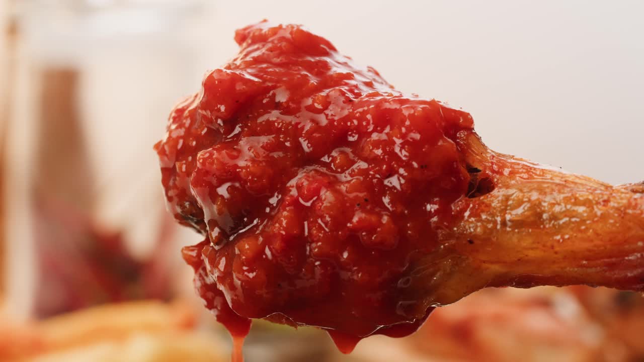 Close-up of a sauced chicken wing