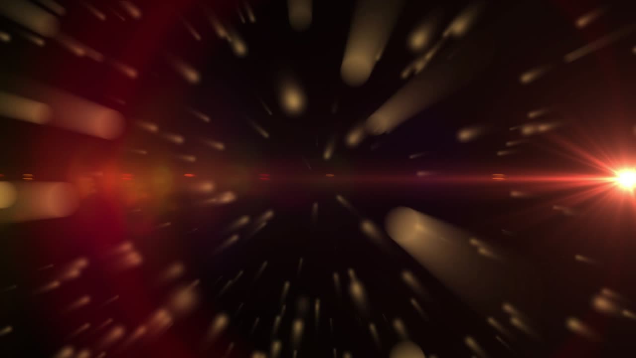 Golden streaks radiating for warp travel, red-orange lens flare surging to center on sequence start