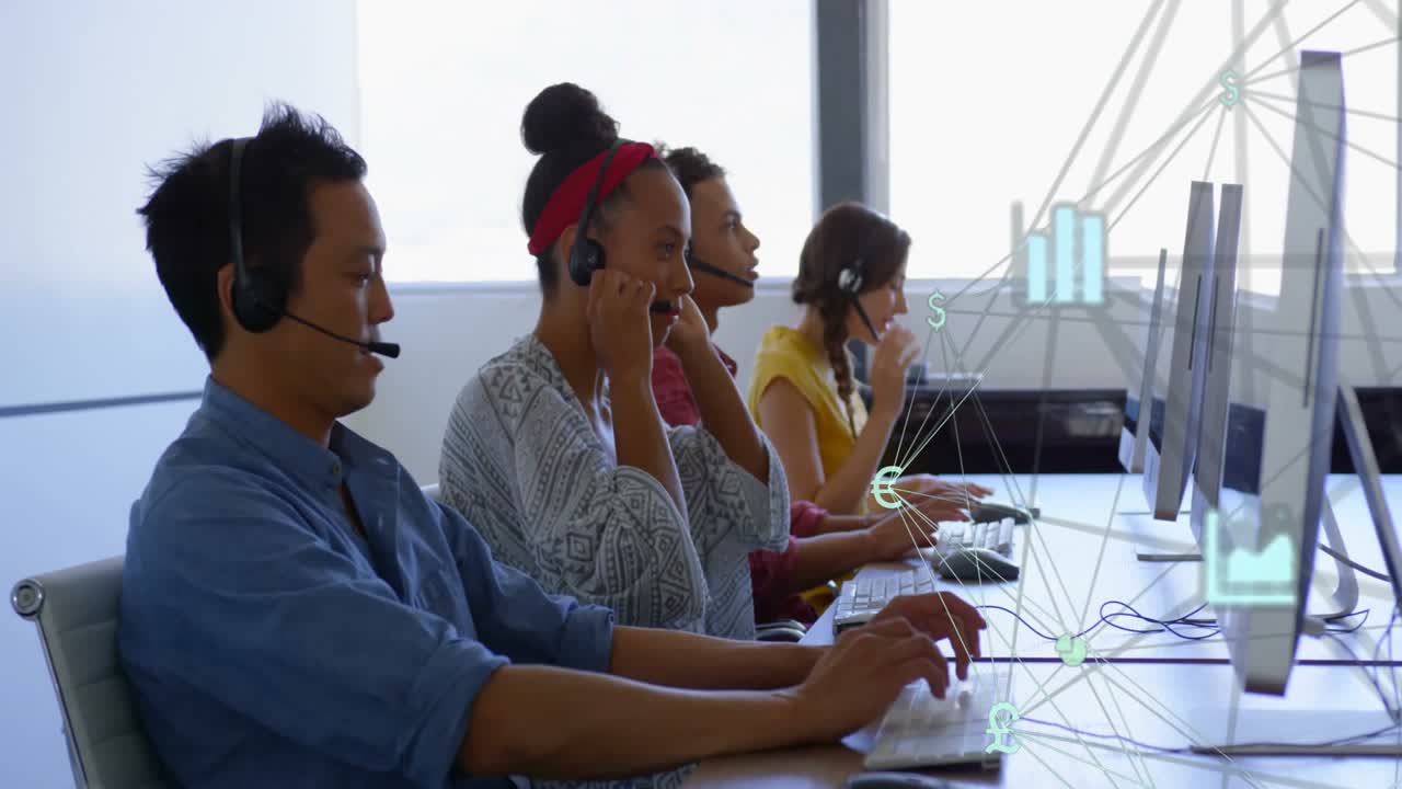 Finance call center team typing and speaking at desk, showing network lines and currency icons
