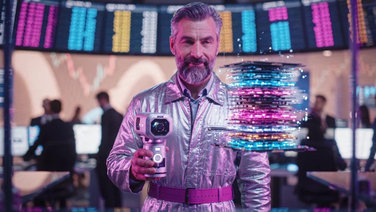 Ein futuristischer Händler in einem glänzenden silbernen Anzug interagiert mit holografischen Datenanzeigen in einer dynamischen Finanzhandelsumgebung, die Technologie und Finanzen verbindet.