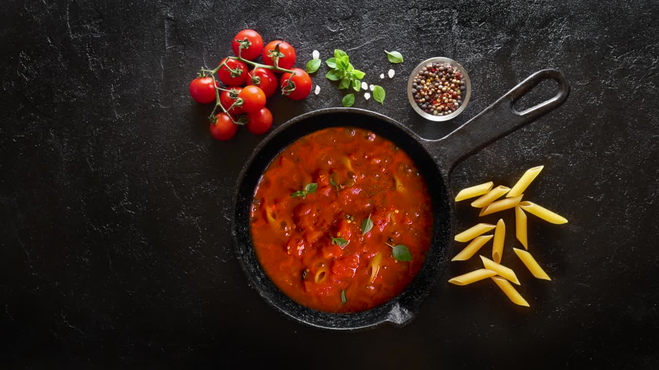 : 파스타 페네를 토마토 소스와 바질로 철로 만든 판에 요리합니다.