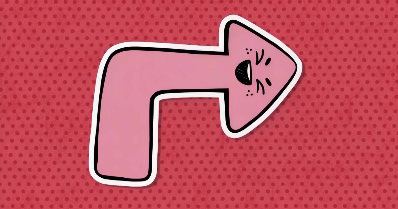 En reproducción, flecha rosa en forma de L sobre fondo de puntos rojos, marcas pulsantes inclinándose para expresar emoción