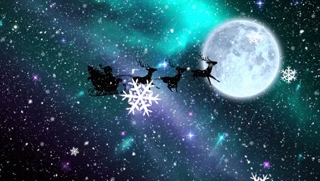 Animation-of-santa-claus-in-sleigh-with-reindeer-at-christmas,-over-snow-falling,-moon-and-sky