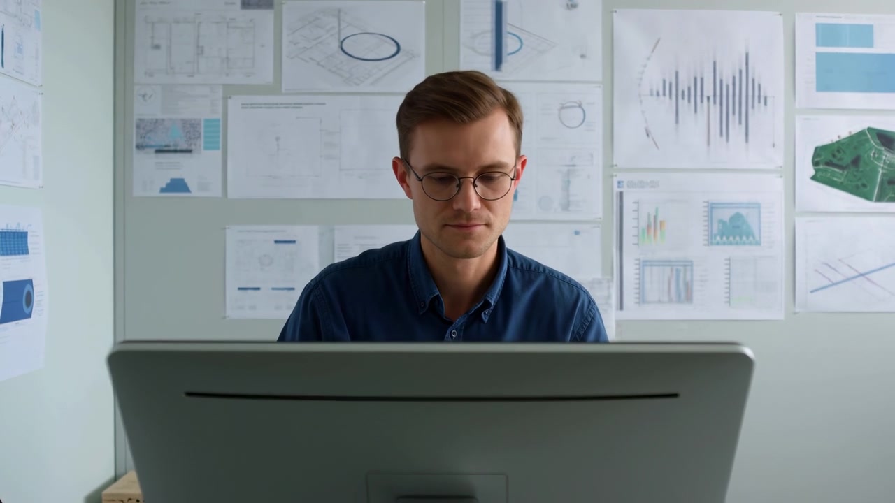 Young Man At Desk Reviewing Blueprints And Data On Large Monitor, Product Designer Alternating Between CAD