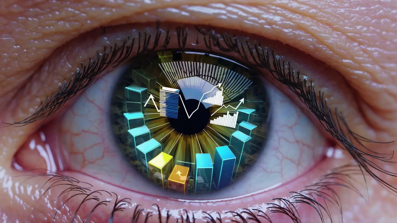 Close-up of an eye with digital graphs reflecting in the iris, symbolizing data analysis