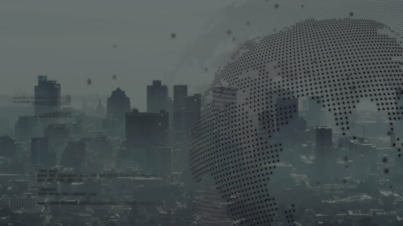 블랙 스포트, 회전하는 지구와 도시 풍경의 항공 시각에 대한 데이터 처리의 애니메이션