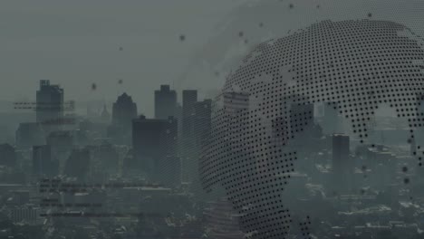 animación de manchas negras, globo giratorio y procesamiento de datos contra la vista aérea del paisaje urbano.