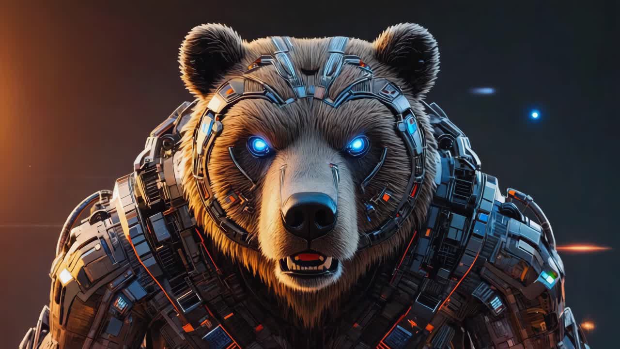 Orso cibernetico con occhi blu luminosi