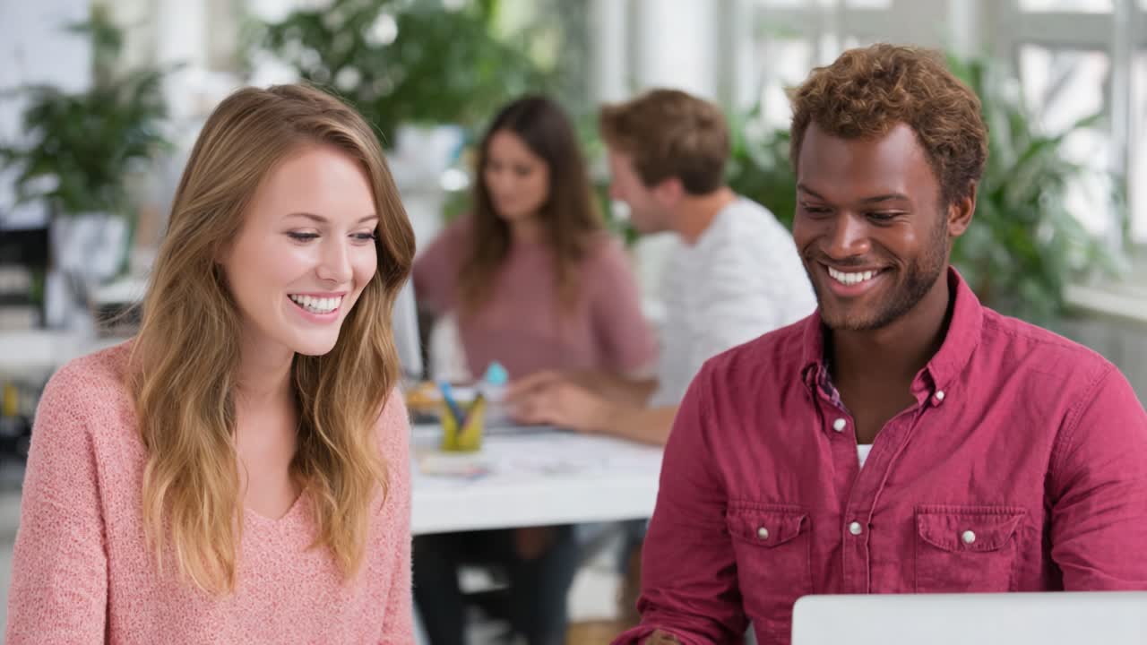 Un moment de collaboration dans un espace de travail lumineux : deux collègues partagent des idées et rient, mettant en valeur le travail d’équipe, la créativité et l’épanouissement professionnel dans un environnement de bureau moderne.