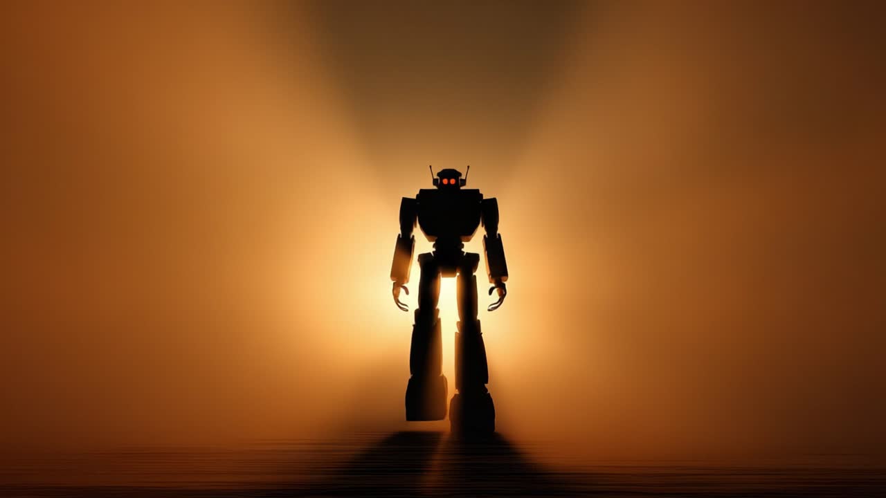 Silhouette robotica gigante con occhi rossi luminosi che avanza minacciosamente da una fitta e misteriosa nebbia dai colori caldi, creando una scena di fantascienza drammatica e piena di suspense
