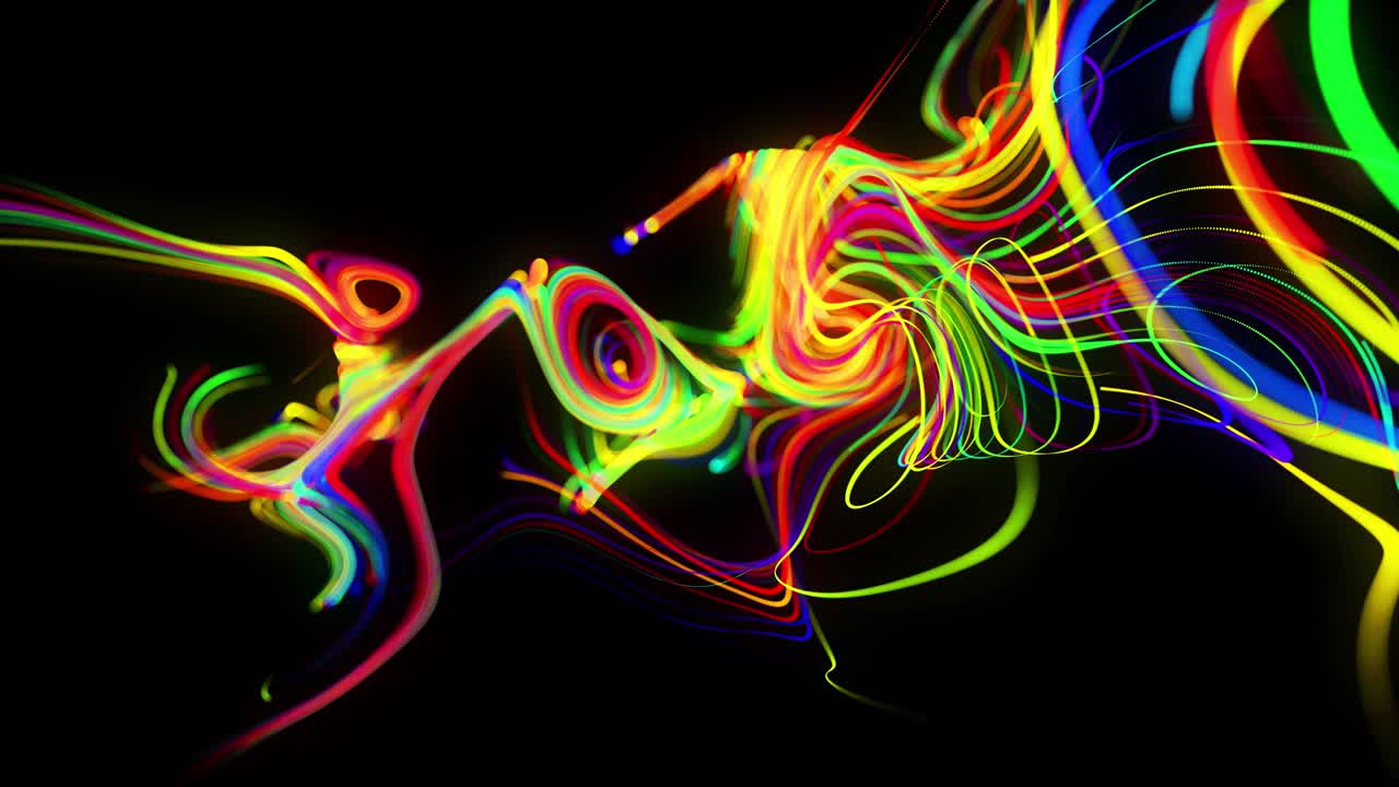 el flujo de fondo abstracto de las líneas de brillo. las partículas de luces en funcionamiento se forman en el espacio 3d brillando hermosas líneas curvas como una bola de cables quemándose con luz de neón. hermoso fondo creativo en bucle en 4k.