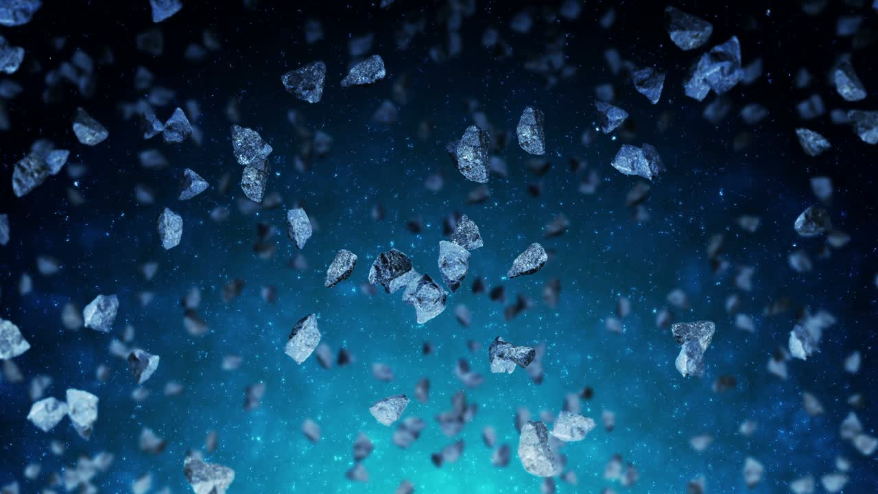 깊은 우주 배경에서 많은 소행성을 날아. 깨진 스플래시 폭발. 별빛 하늘. 돌고 있는 운석의 3d 애니메이션. 루프 애니메이션.