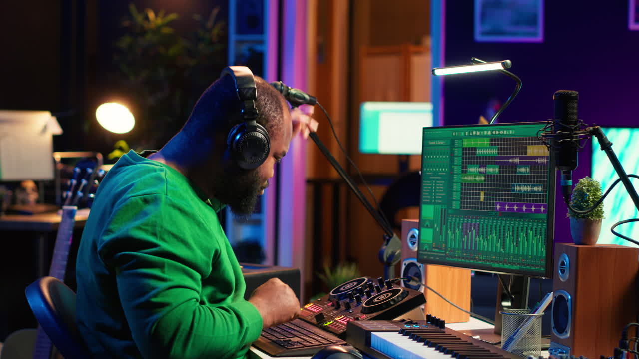Sound engineer mixing and mastering new music on console and daw software