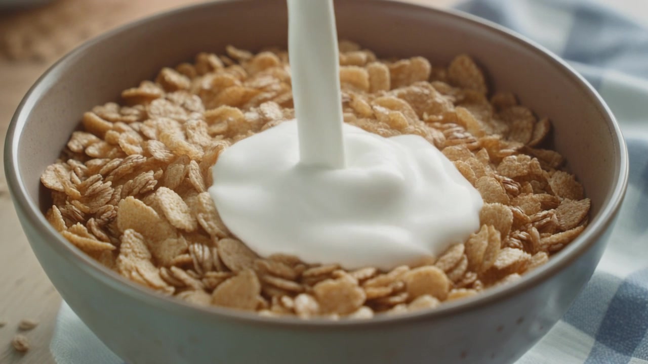 Latte che si versa in una ciotola di croccanti fiocchi di mais